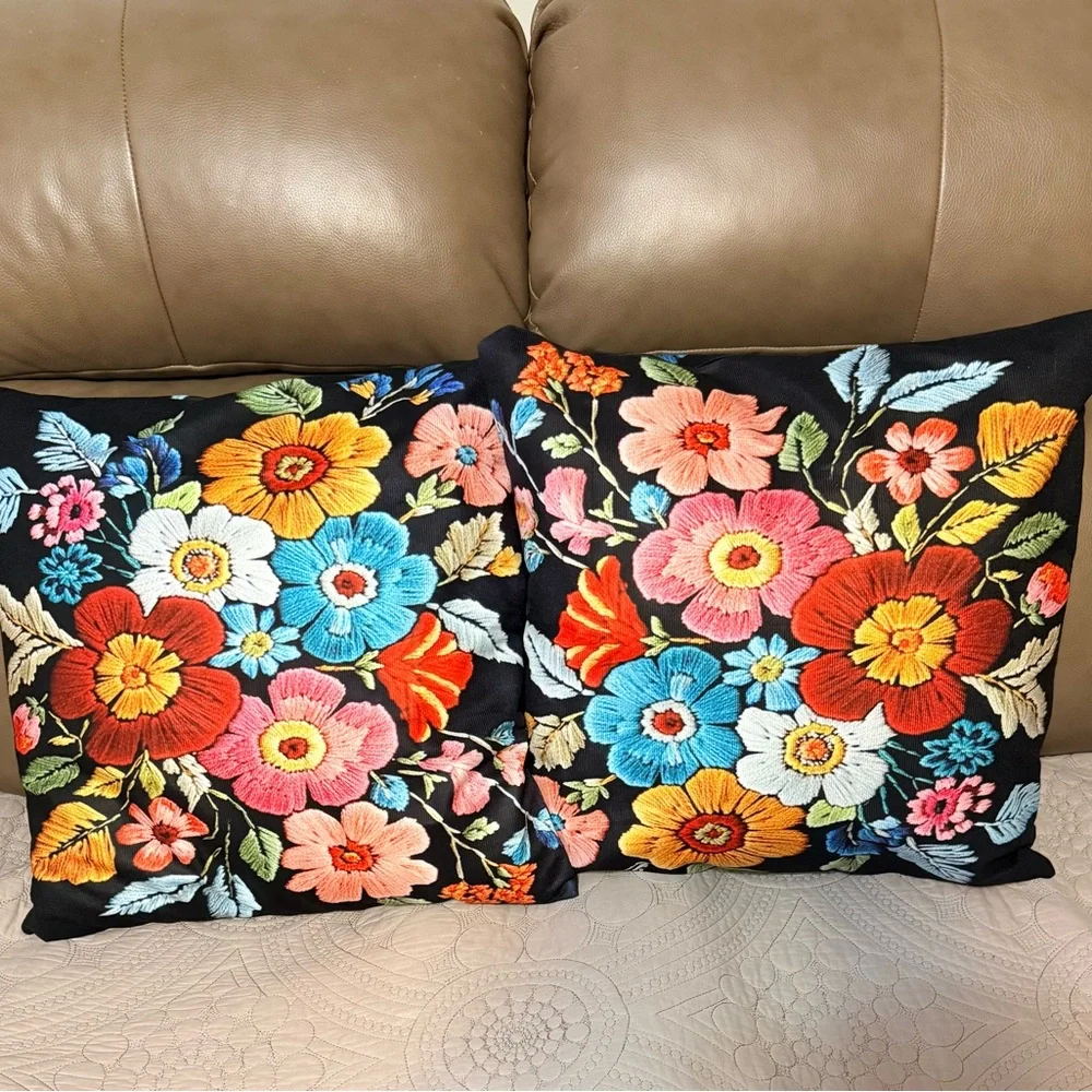 Hand-Embroidered Look Floral Throw Pillows - Black Background Multicolor Flowers
